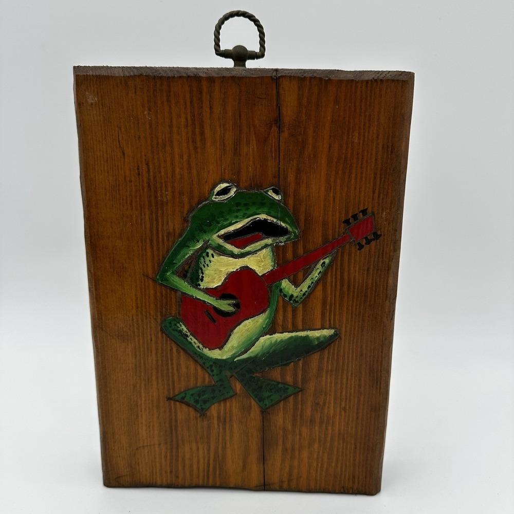 VGT Hand-Painted Wood Inlay Frog Playing Guitar Wall Plaque 10x7 Cottagecore